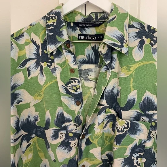 Vintage Nautica Shirt Mens Medium Green Blue Hawaiian Floral Aloha Linen Blend - Picture 4 of 9